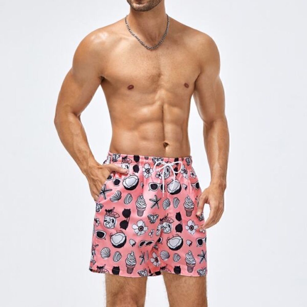 NEW! Men's Random Graphic Print Drawstring Waist Swim Trunks Shorts Beach Surf L